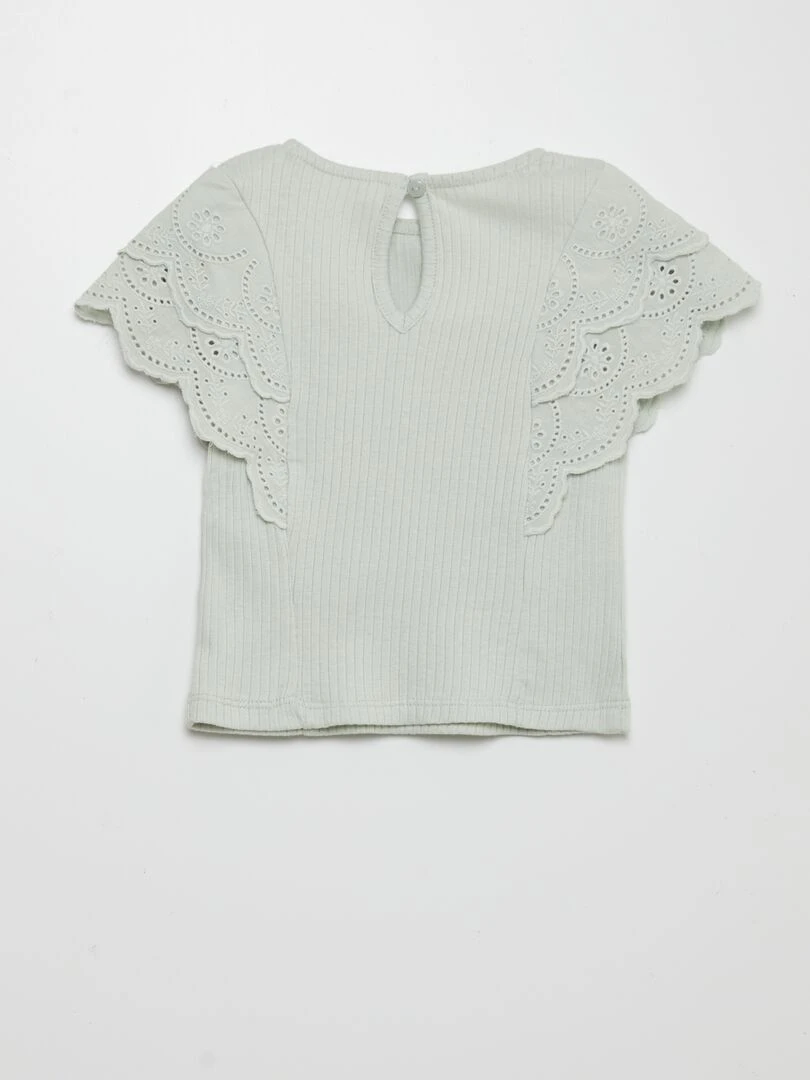 T shirt côtelé avec broderies anglaises Bleu vert