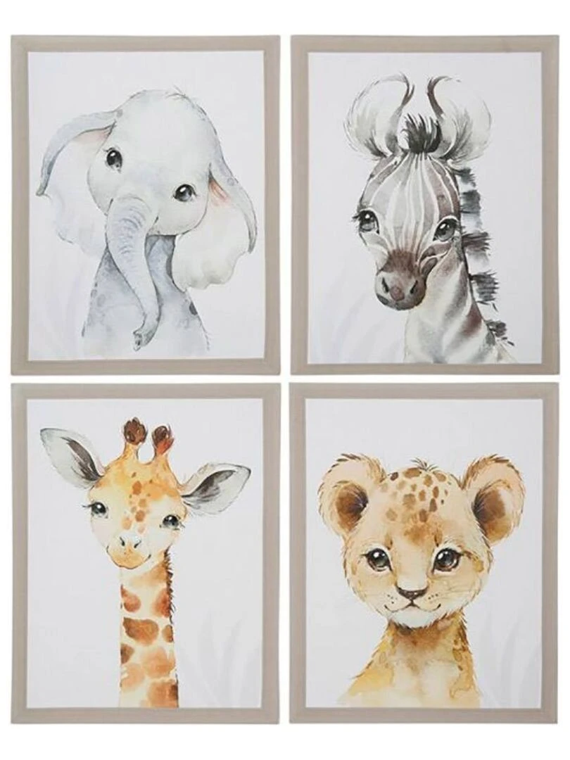 Lot de 4 tableaux toile Mini animals 30x40 cm Blanc