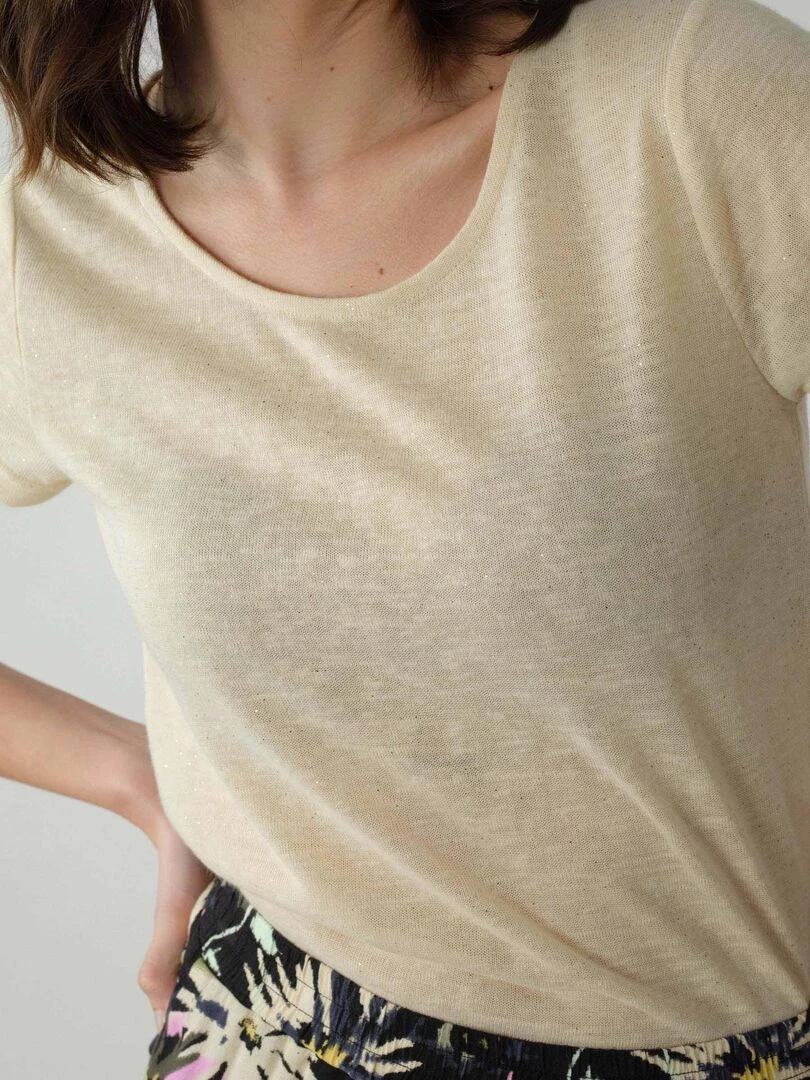 T shirt col rond en jersey effet lin et pailleté 'Deeluxe'   Beige coquille