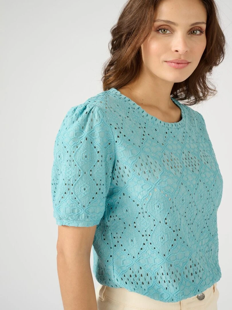 Tee shirt en maille ajourée effet dentelle   Damart   Bleu