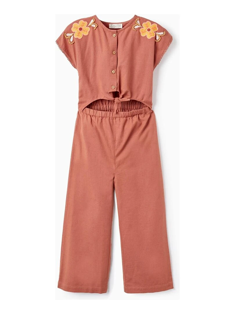 Combinaison en coton et lin avec perles pour fille Orange clémentine