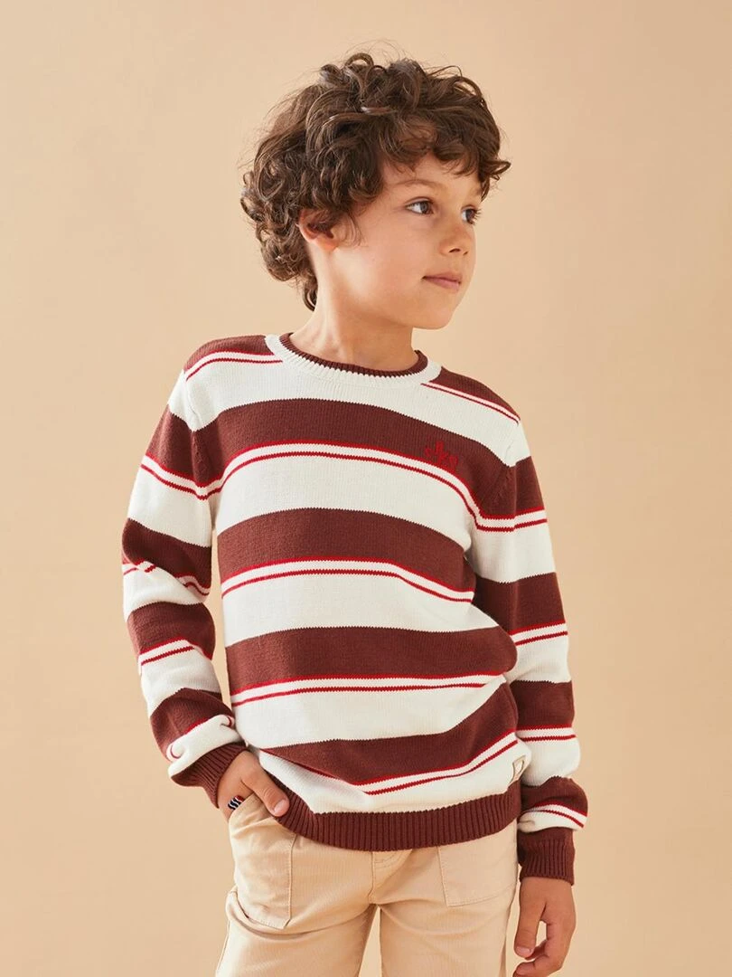 Pull tricot rayé brun chocolat/rouge Noukie's Beige