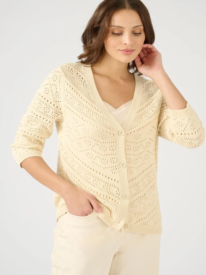 Gilet maille ajourée manches 3/4 Damart Ivoire