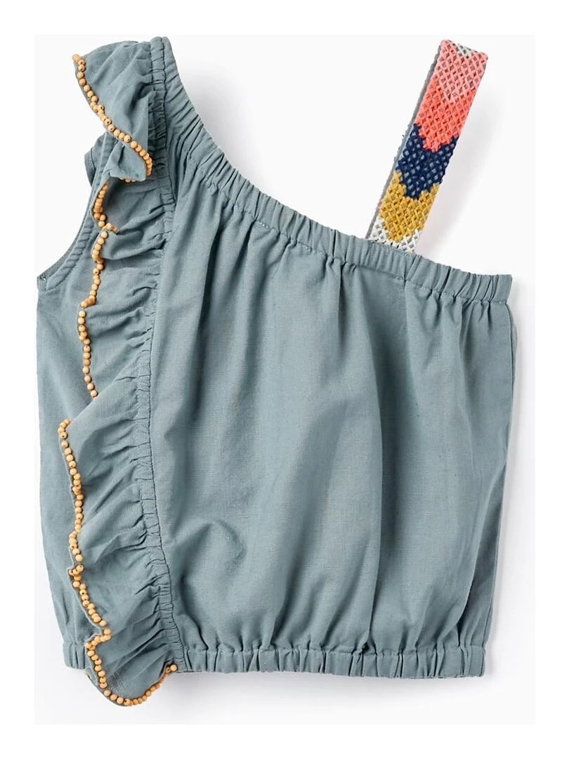 Haut En Coton Et Lin Avec Broderies Et Perles Pour Fille manches courtes Vert