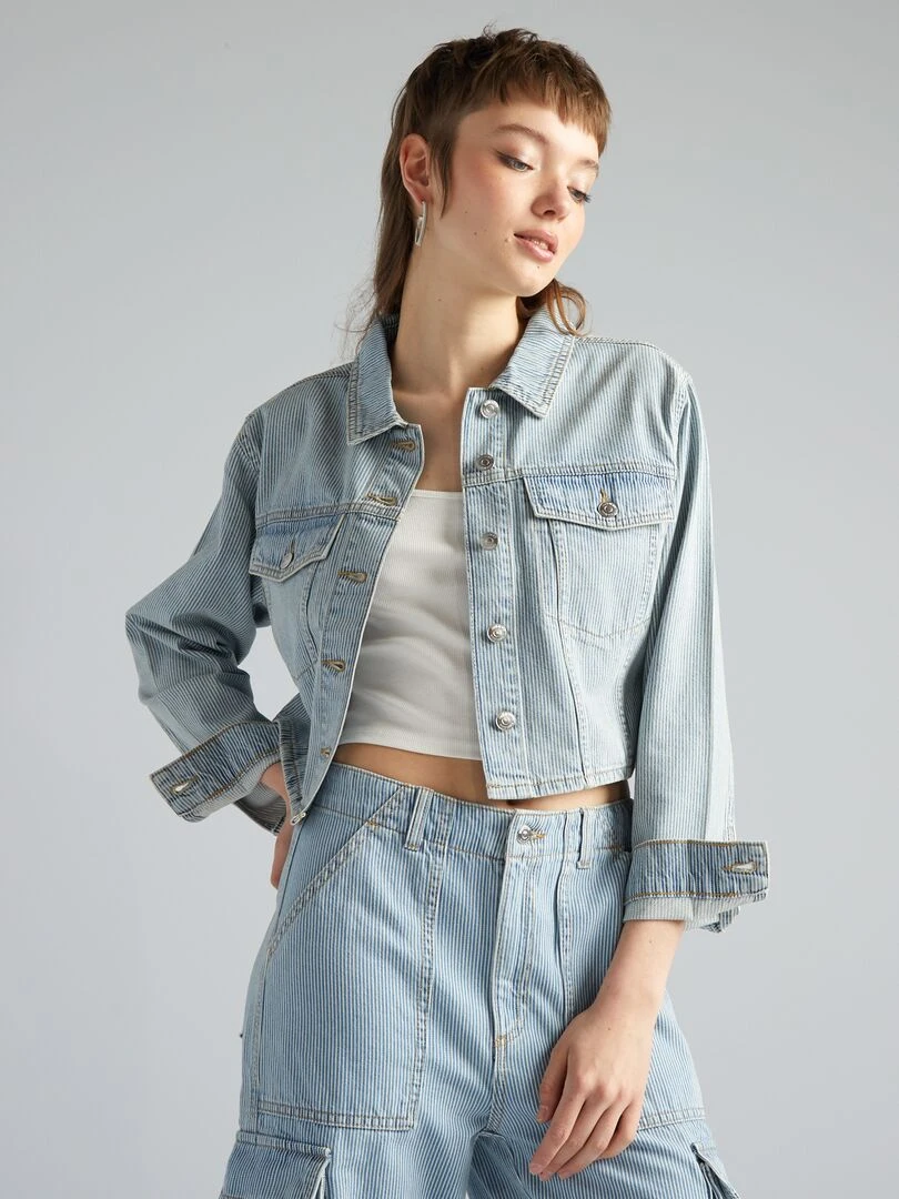 Veste en jean courte à rayures Bleu