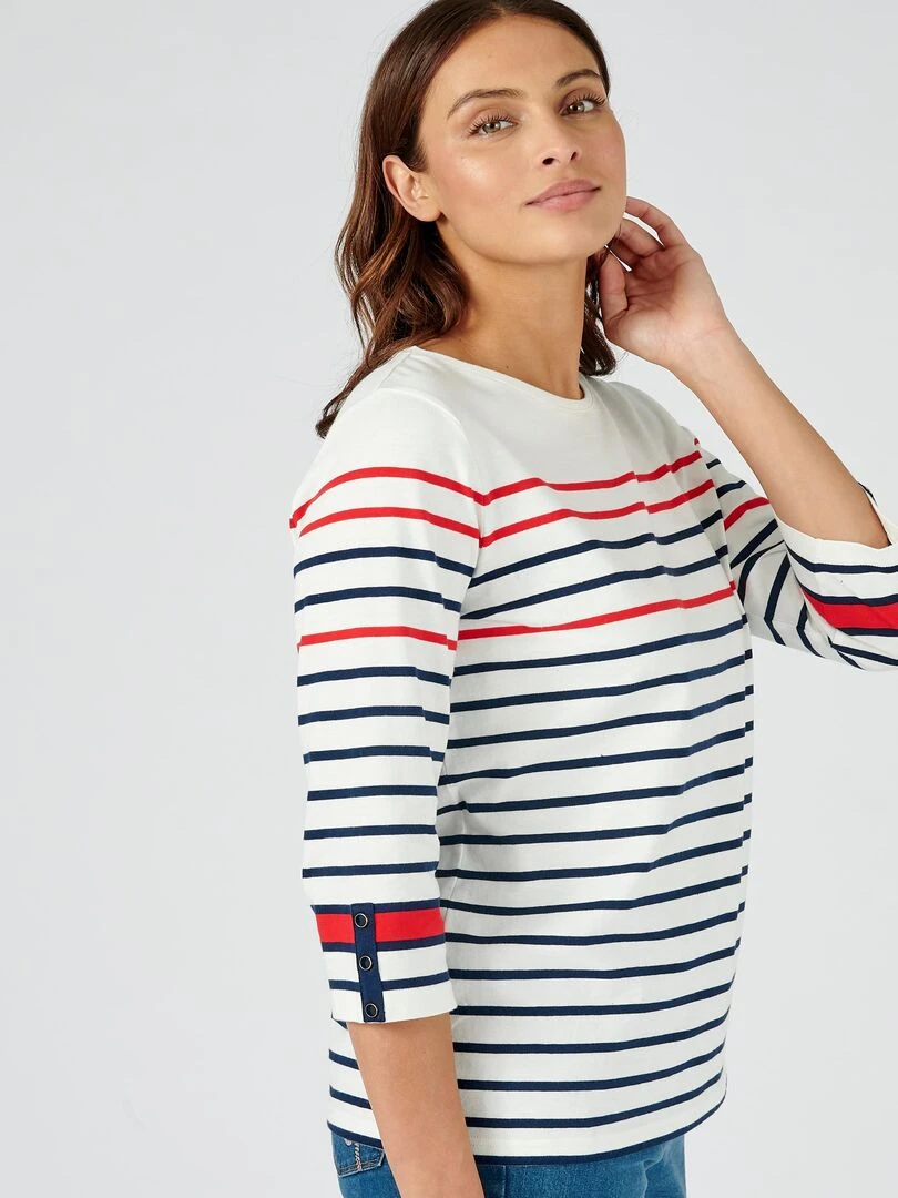 Tee shirt marinière en pur coton manches 3/4   Damart   Blanc Rouge