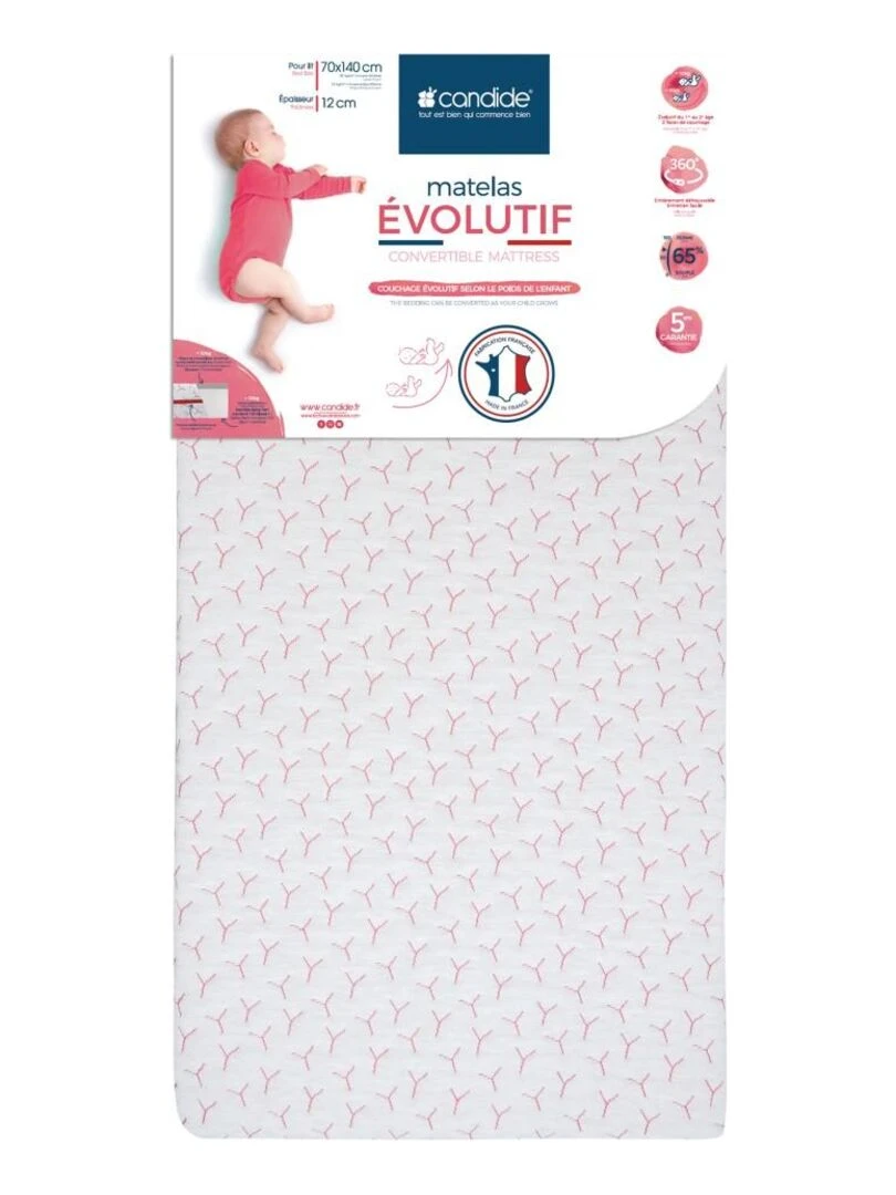 Matelas bébé Évolutif déhoussable 70cm x 140cm x 12cm Blanc