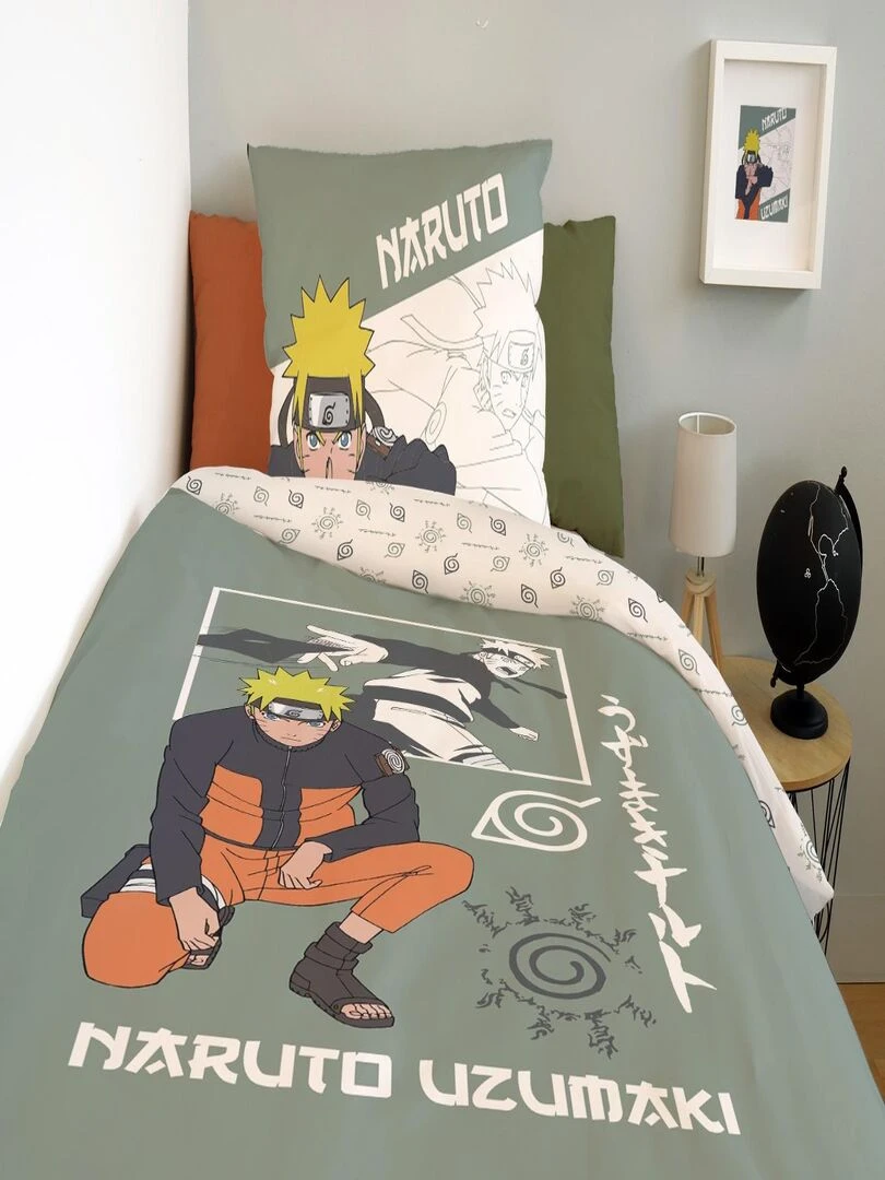 Housse de couette Naruto Uzumaki 140x200 cm et taie d'oreiller   100% Coton   Vert
