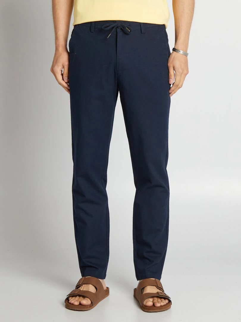 Pantalon chino coupe slim en lin mélangé   bleu marine