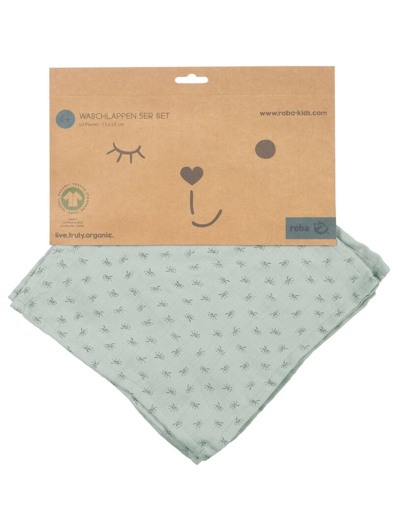 Lot de 5 Gants de Toilette "Lil Planet"   Coton Bio Oekotex   'ROBA'   Gris Vert clair