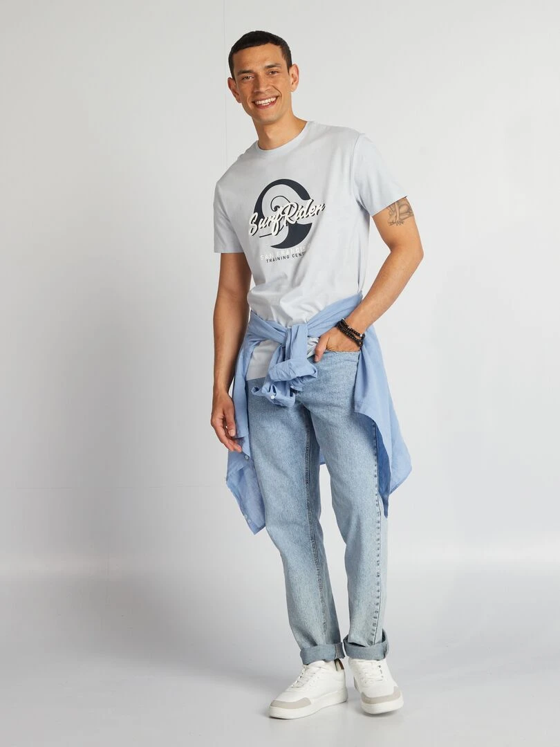 T shirt en coton imprimé à col rond Bleu 'Surf Ride'