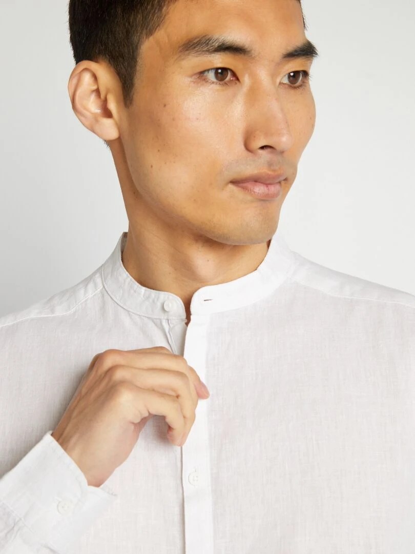 Chemise droite à col mao en lin mélangé   blanc