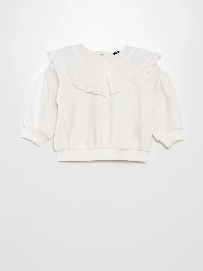 Sweat avec large col en gaze de coton + broderies Blanc neige