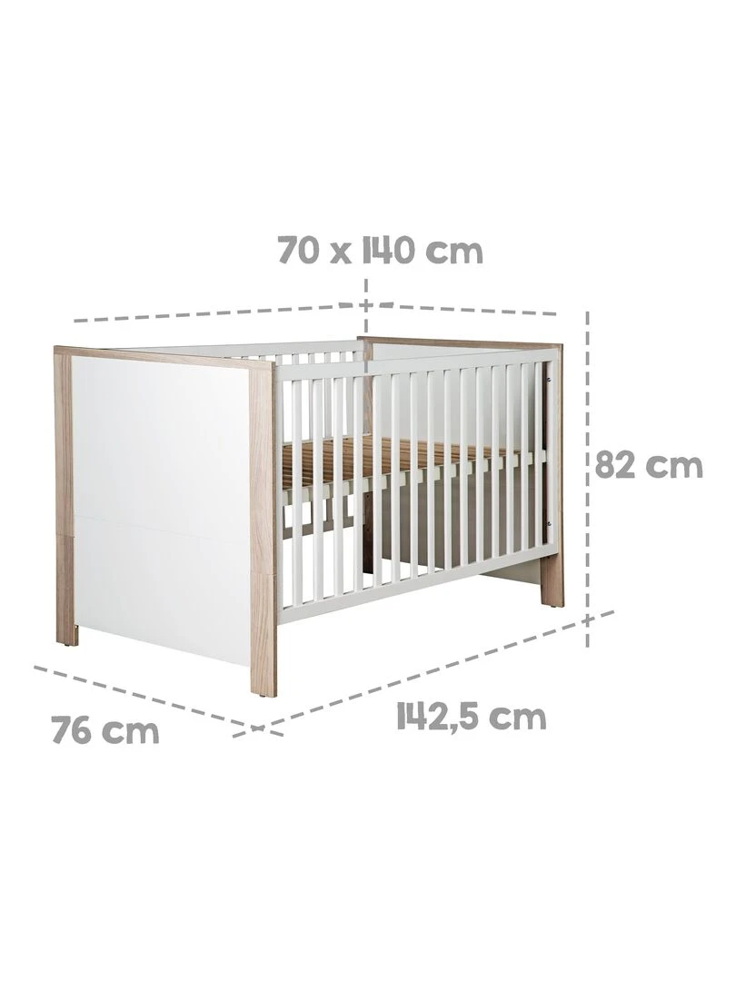 ROBA Lit bébé évolutif "Olaf"   70x140   Hauteur Réglable   3 Barreaux Amovibles   Blanc/Décor Bois   Blanc