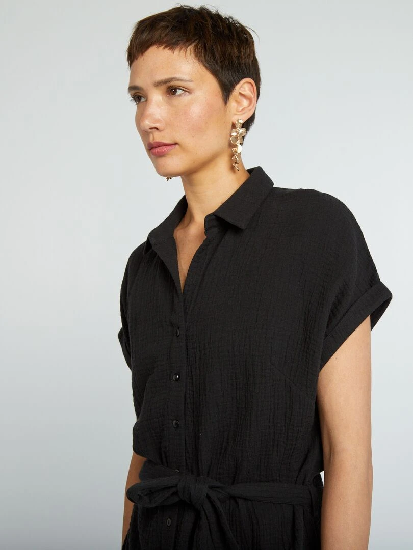 Robe courte forme chemise en double gaze de coton   noir