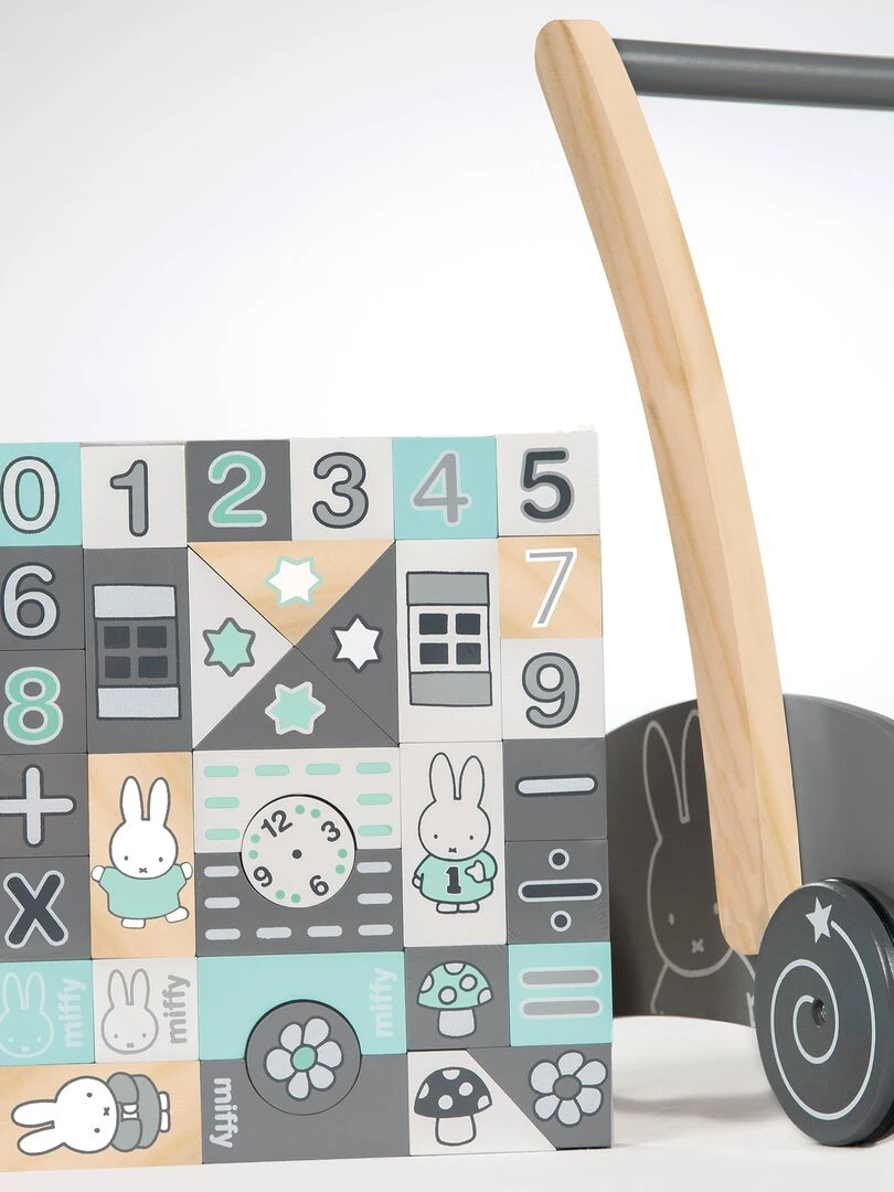 ROBA Trotteur Bébé "Miffy®" en Bois   avec Frein et Blocs de Construction   Dès 12 Mois   Gris Vert clair Blanc