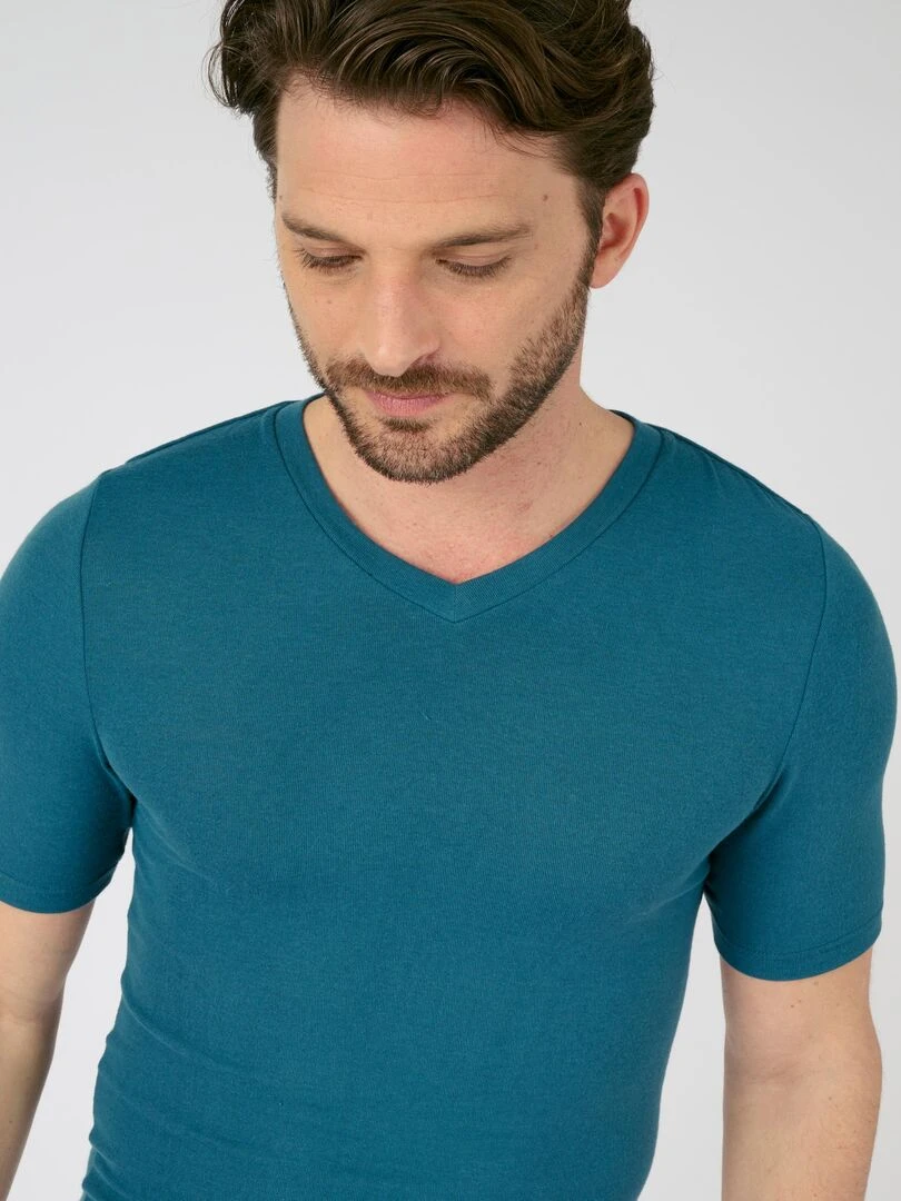 T shirt col V manches courtes fine côte Thermolactyl Sensitive   Damart   Bleu pétrole