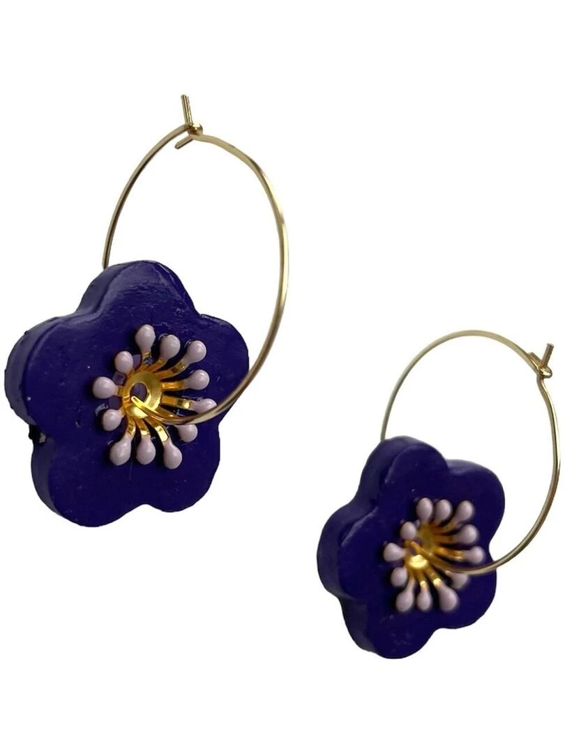 Boucles d'oreilles créoles fleur violette en céramique Modèle unique artisanal Violet