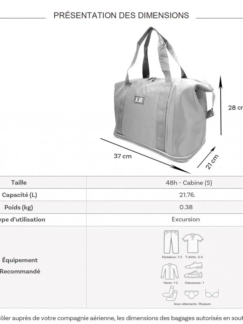 Sac de voyage week end 21L déperlant sans roulet Gris