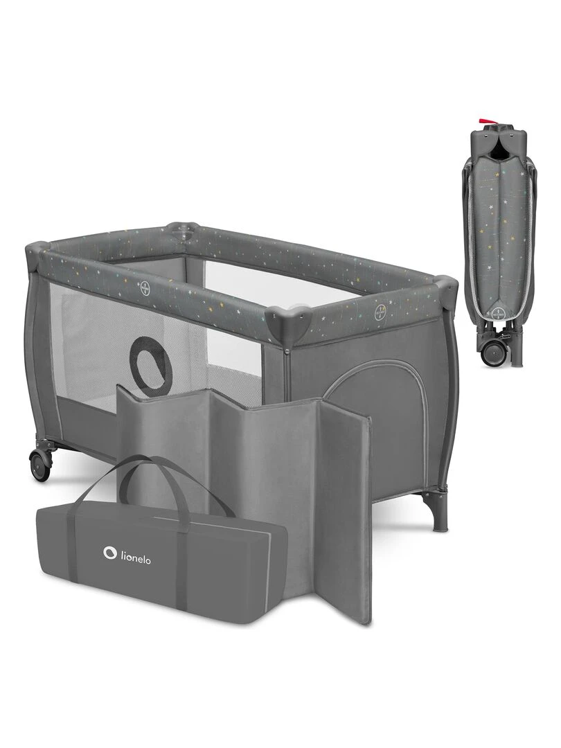 LIONELO Stefi Plus Lit parapluie bébé 2en1 0 36 mois Sac de Transport 125x65 cm Roulettes Gris