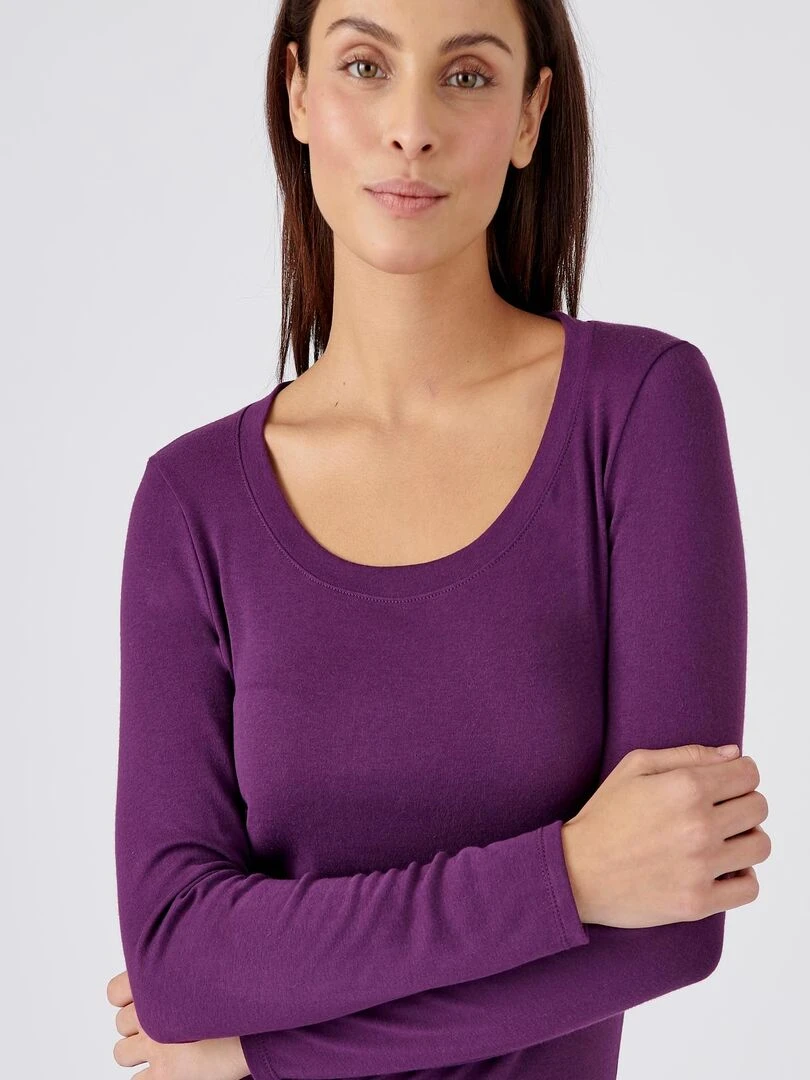 T shirt fine côte Thermolactyl Sensitive encolure dégagée Damart Violet foncé