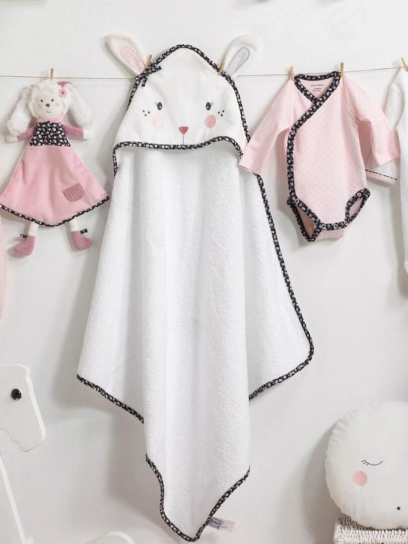 Sortie de bain lapin 75x75cm et gant en coton blanc SAUTHON Blanc