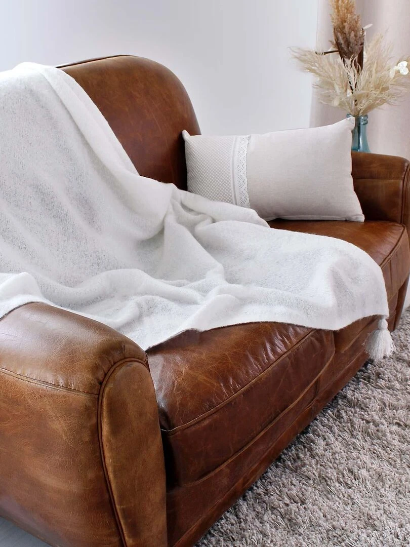 Plaid à pompons aspect mohair   Ecru