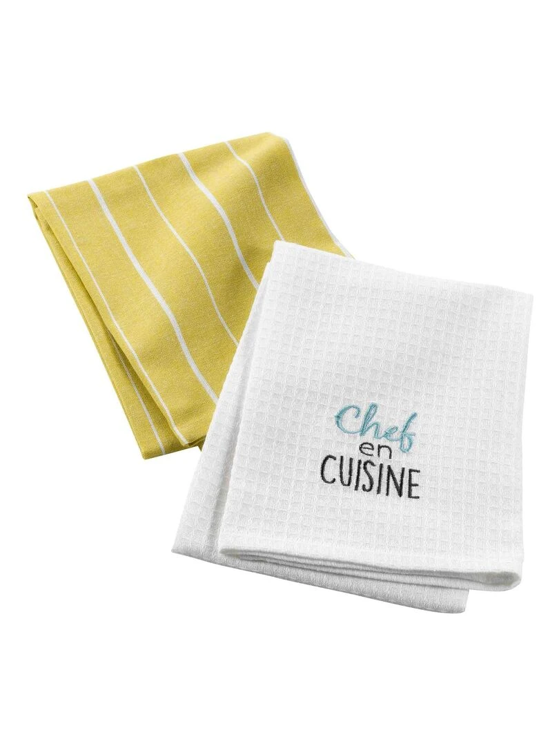 2 Serviettes torchons brode Chef en cuisine Jaune