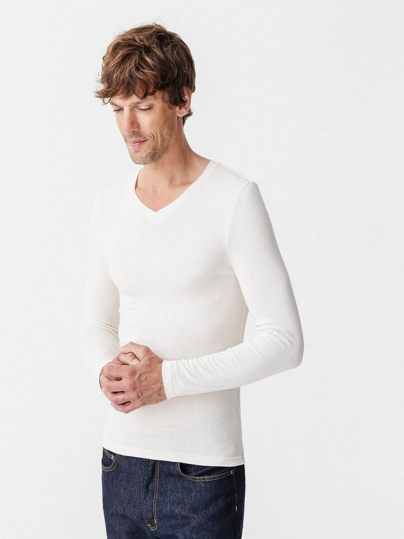 T shirt col V manches longues fine côte Thermolactyl Sensitive Damart Blanc