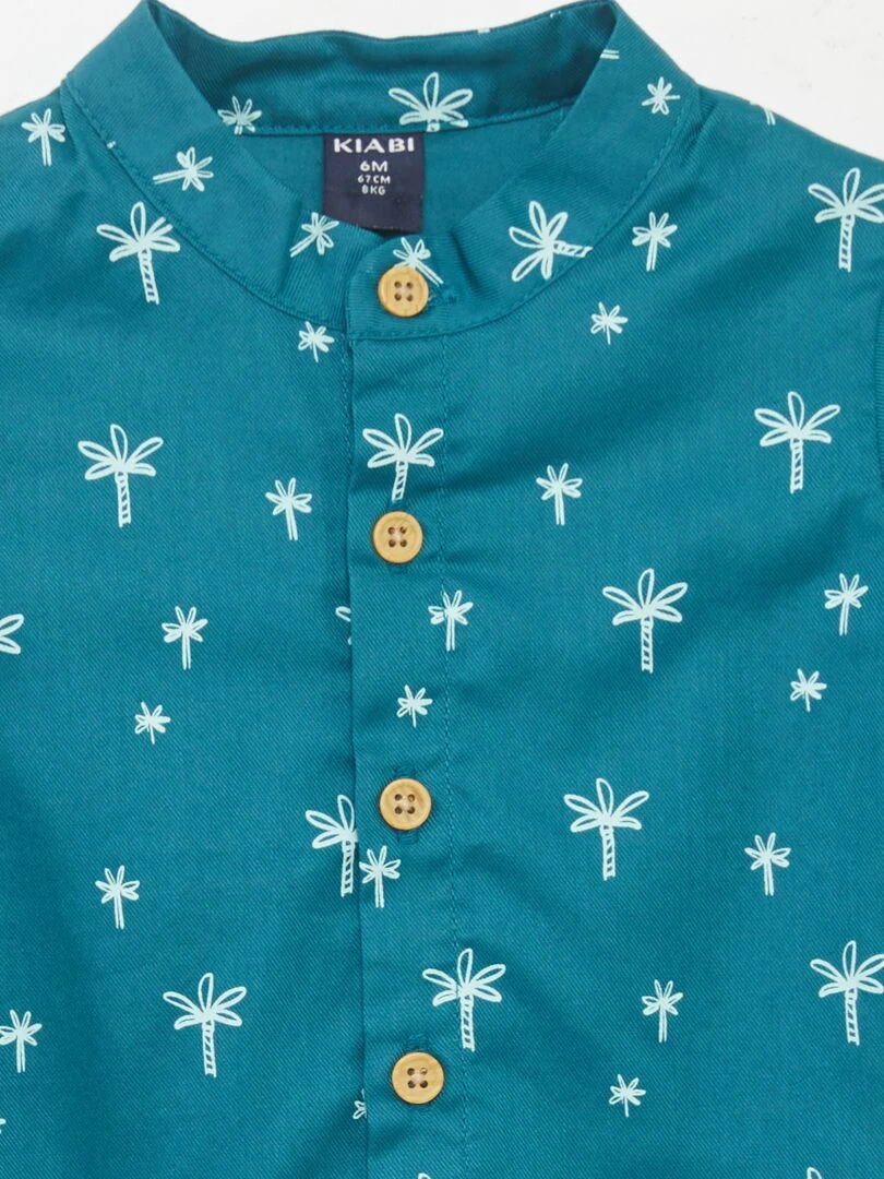 Chemise col mao imprimé palmiers Bleu vert