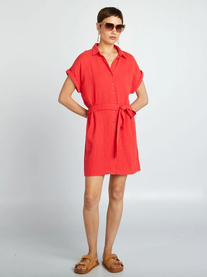 Robe courte forme chemise en double gaze de coton rouge
