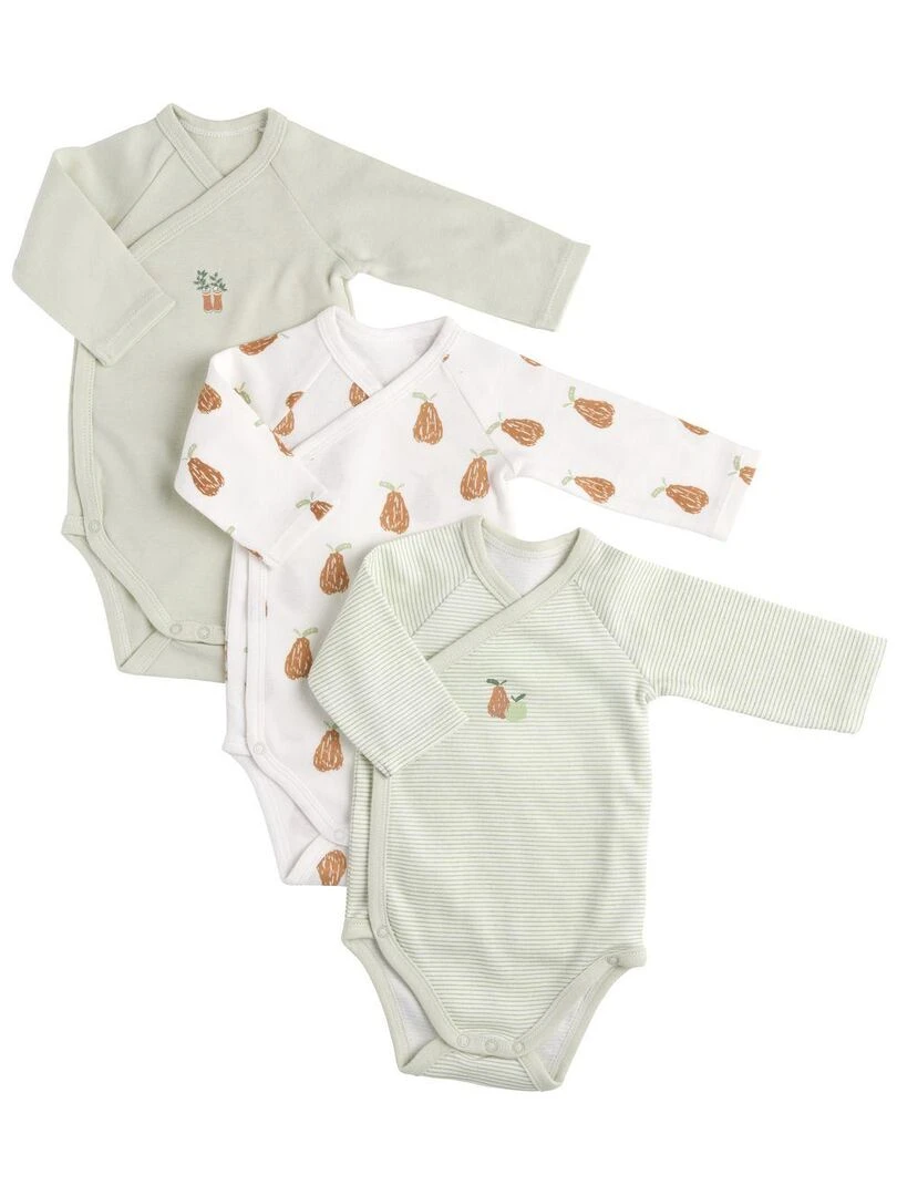 Bodies bébé manches longues en coton lot de 3 SAUTHON Blanc Vert