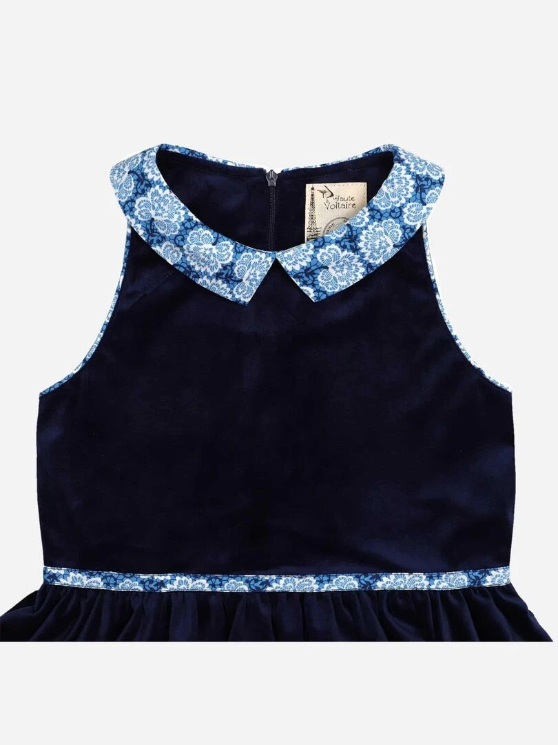 Robe Qui Tourne Fille  Velours Bleu Marine  Col Fleuri  HEPBURN   'LA FAUTE A VOLTAIRE'   Rouge