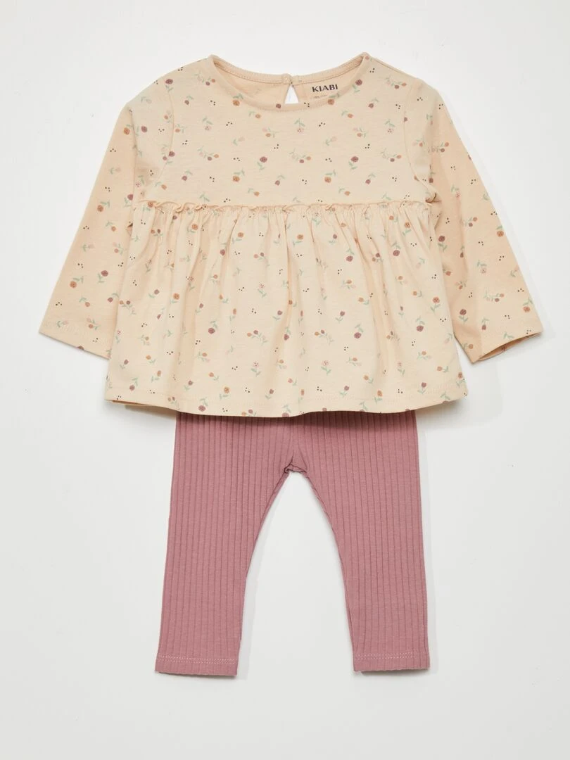Ensemble t shirt + legging 2 pièces Beige/rose