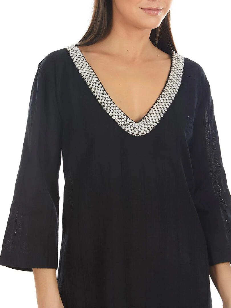 Caftan de plage perles manches trois quarts   Noir