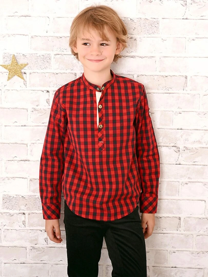 Chemise Carreaux Vichy Garçon Rouge Noir Col Mao LIVERPOOL 'LA FAUTE A VOLTAIRE' Noir Rouge