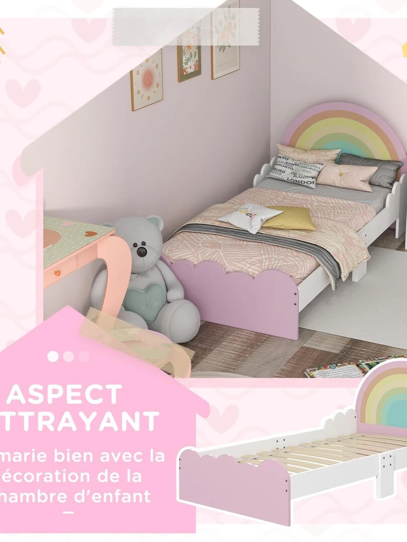 Lit enfant design girly motifs arc en ciel nuages avec sommier à lattes rose blanc   Rose