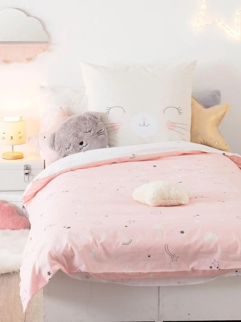 Housse de couette enfant 140x200 Chat + taie 100% coton bio 57 fils   Rose