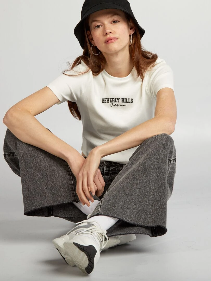Crop top côtelé uni 'Beverly Hills' blanc