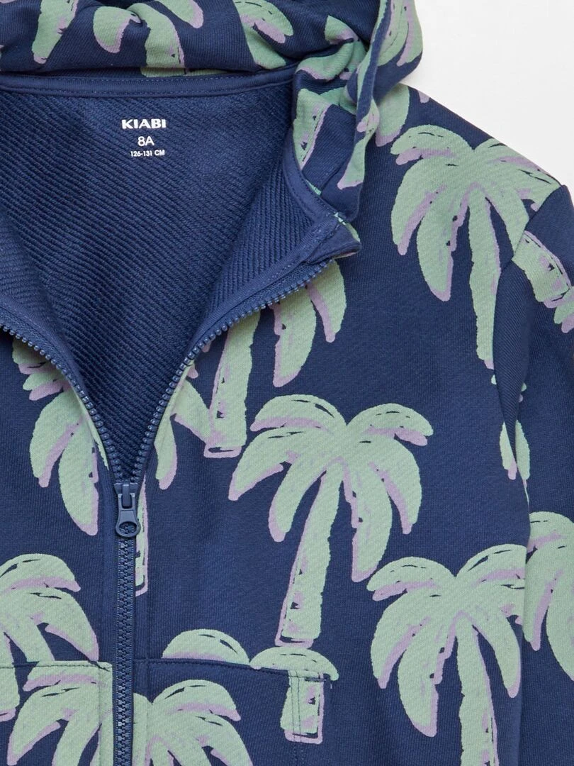 Sweat zippé à capuche à motif   Bleu