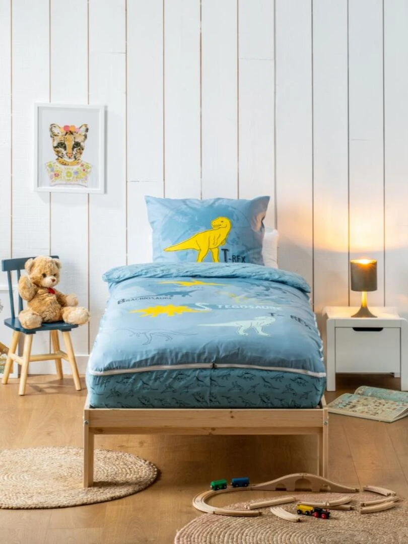 Bleu Câlin Caradou® T rex Sans Couette 90x190cm Parure Enfant Dinosaure Bleu Jaune