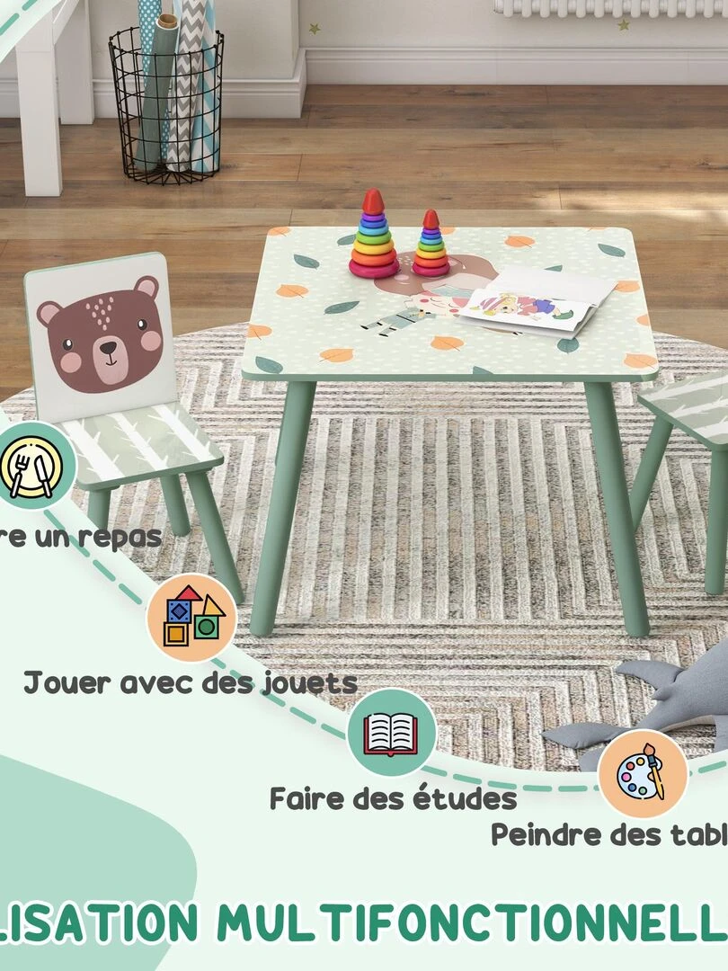 Ensemble table et chaises enfant design animaux de la forêt bois pin MDF vert   Vert