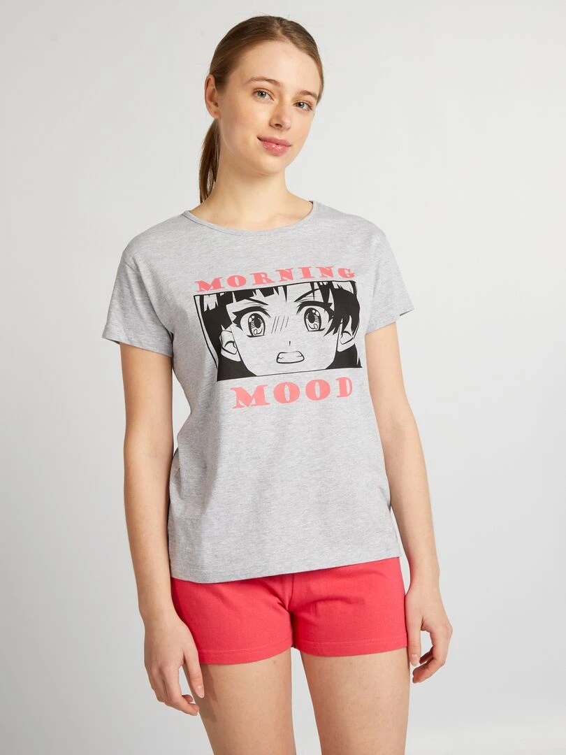 Pyjama court imprimé manga 2 pièces gris/rose