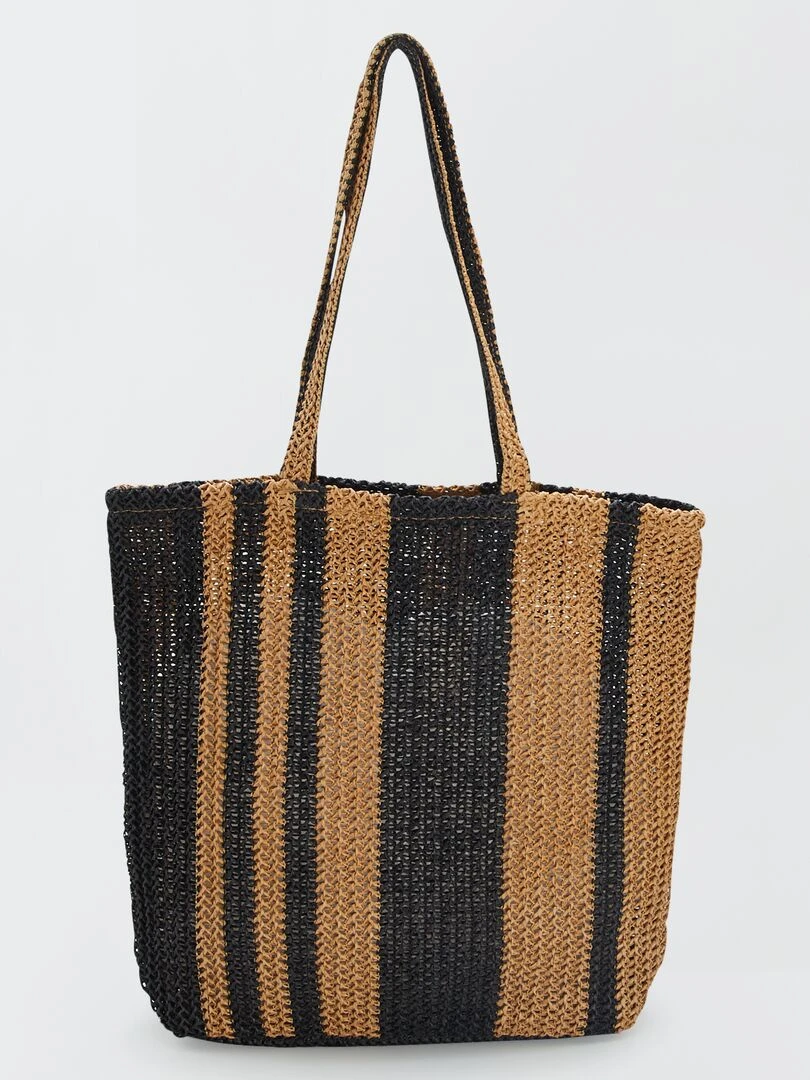 Cabas en paille avec rayures Noir