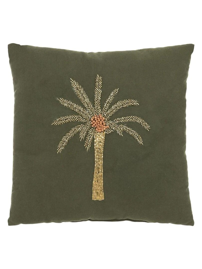 Coussin brodé perles Tropical boudoir 30x30 cm Kaki