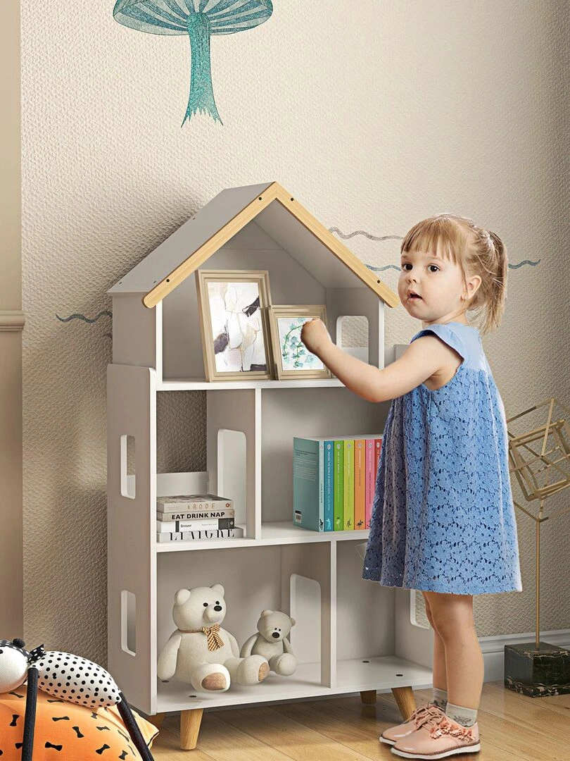 Bibliothèque étagère scandinave design maison 5 niches étagère pieds effilés bois pin MDF blanc Blanc
