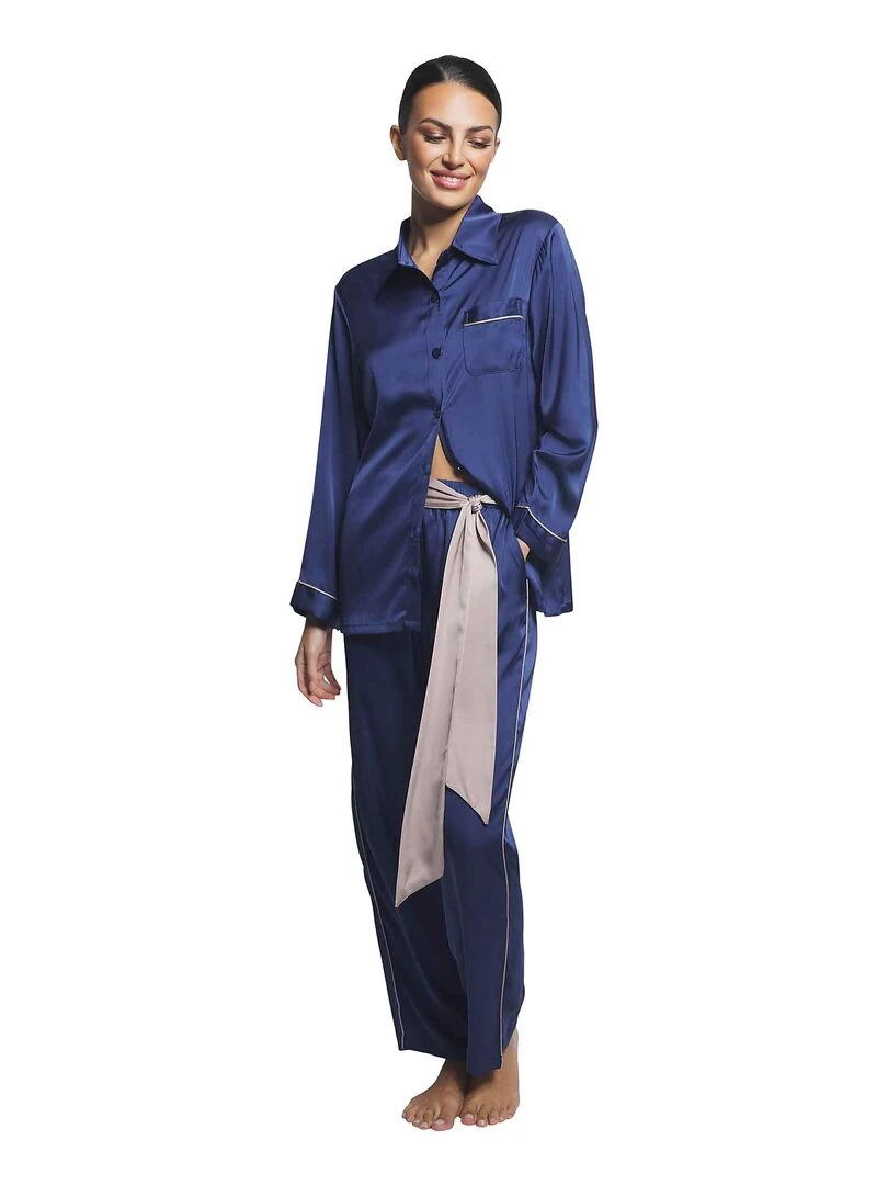 Pyjama pantalon chemise manches longues Satin Bleu marine