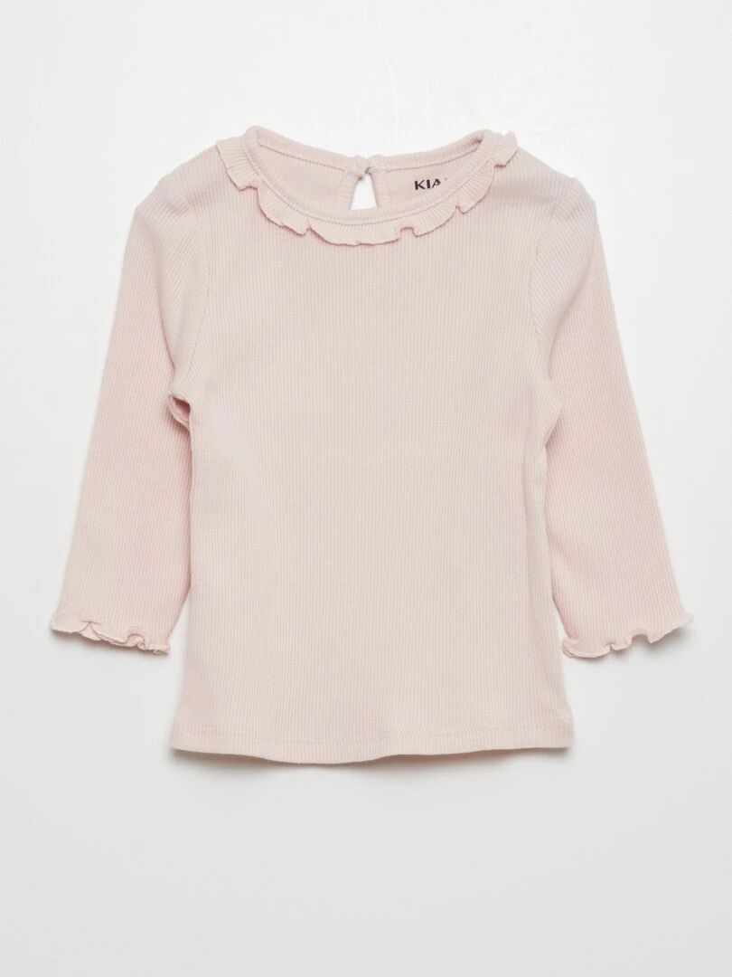 T shirt en maille côtelée col volanté Rose