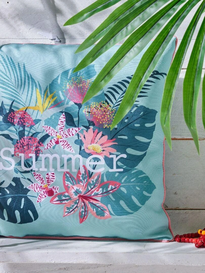 Coussin carré en tissu déperlant imprimé floral AMAZONIA   Bleu