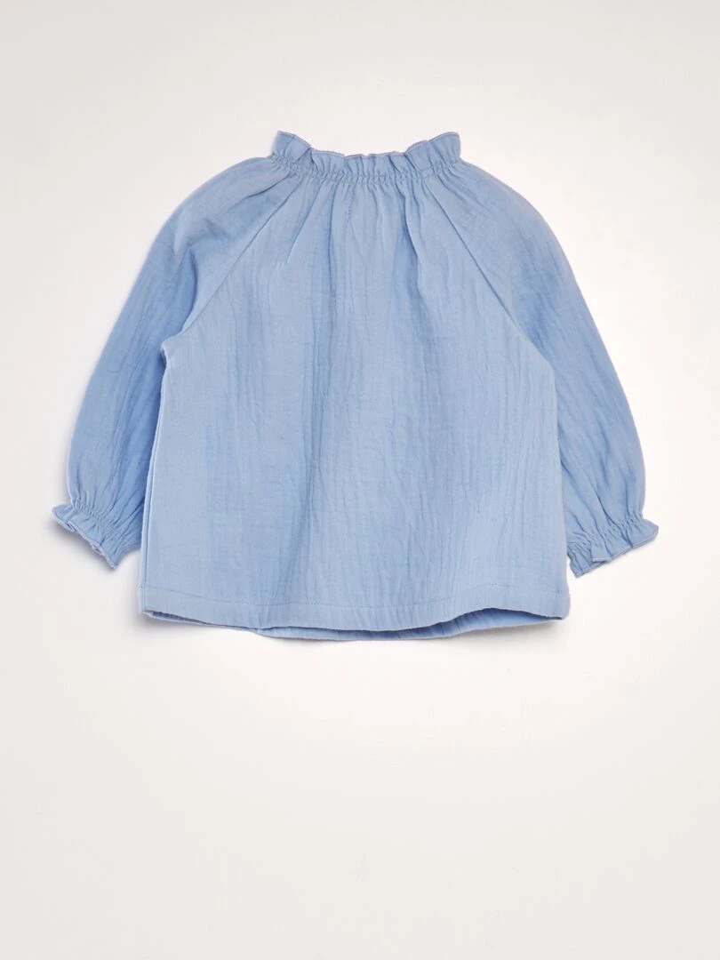Blouse manches longues col volantée Bleu